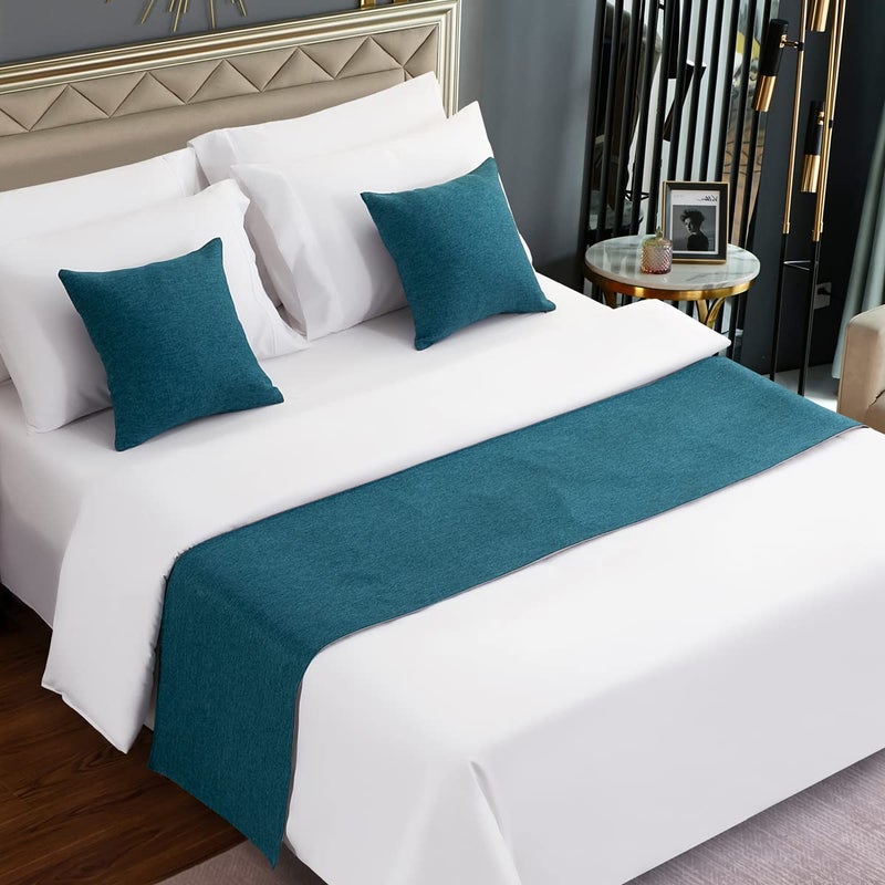 AMBERIS Bed Runner Blue Imitation Linen Decorative Bed Scarf for Home Hotel