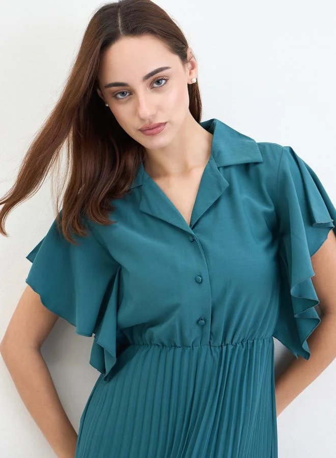 Styli Teal Pleated Maxi Dress with Frill Sleeves