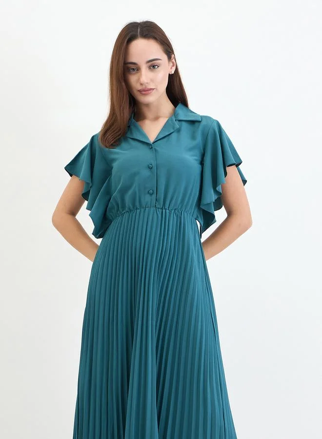 Styli Styli Teal Pleated Maxi Dress with Frill Sleeves