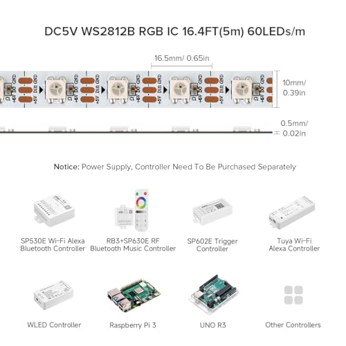 BTF-LIGHTING WS2812B IC RGB 5050SMD Pure Gold Individual Addressable LED Strip 16.4FT 300LED 60Pixel/m Flexible Full Color IP30 DC5V for DIY Chasing Color Project(No Adapter or Controller) - Image 3