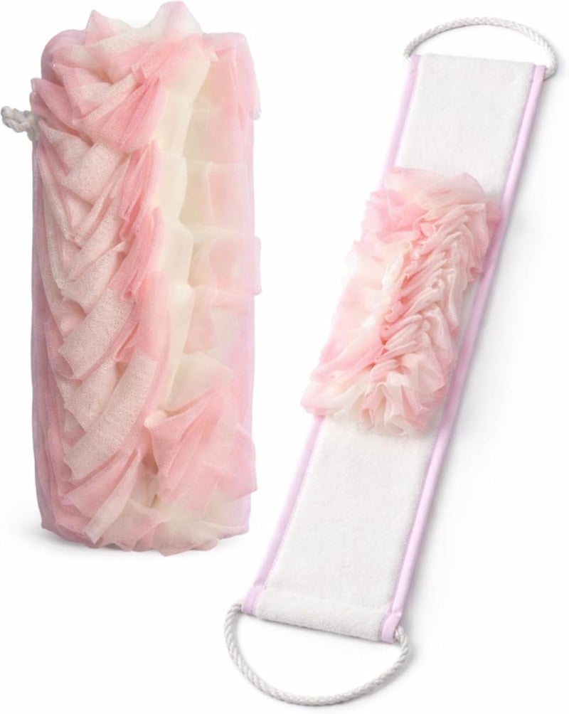 Shower Exfoliating Towel 80 Cm Back Scrubber With Long Strap, Microfiber Loofah Bath Cloth For Body, Quick Dry Shower Towel, Pink