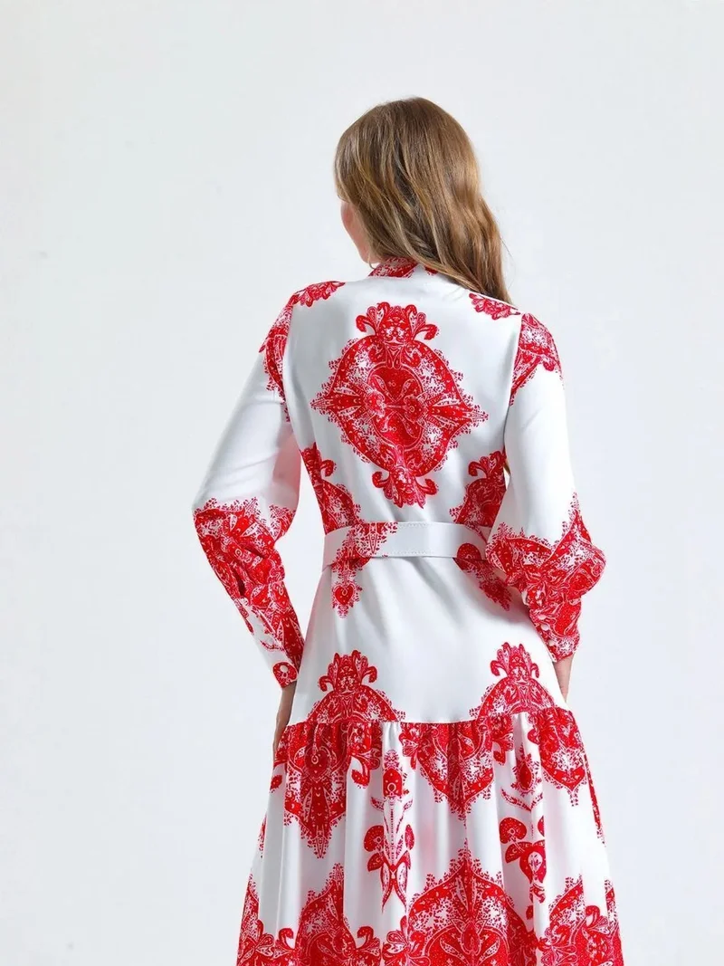 جينيفر Paisley Print Belted Maxi Dress with Shirt Collar