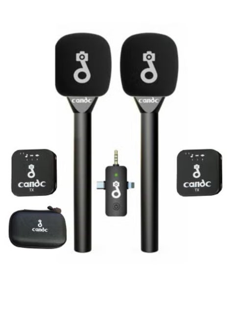 Interview 3-in-1 Dual Wireless Microphone System – Noise-Canceling Lavalier Mic Kit with 2 Transmitters & 1 Receiver | Clear Audio for Smartphones, Cameras, Tablets & Laptops | 8H Battery Life | Plug & Play Mic for Vlogging, YouTube, Podcasts & Interviews – Black