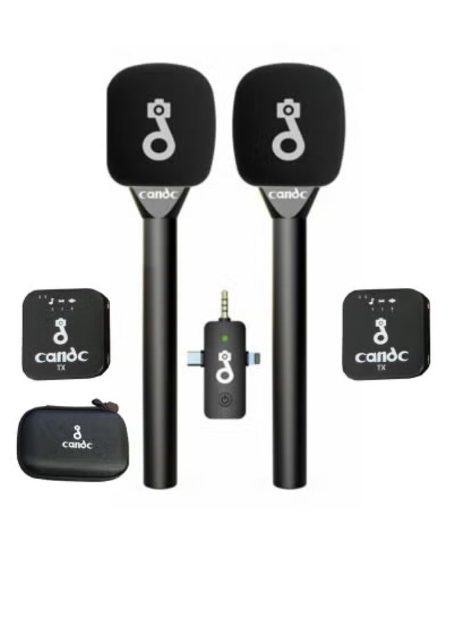 Interview 3-in-1 Dual Wireless Microphone System – Noise-Canceling Lavalier Mic Kit with 2 Transmitters & 1 Receiver | Clear Audio for Smartphones, Cameras, Tablets & Laptops | 8H Battery Life | Plug & Play Mic for Vlogging, YouTube, Podcasts & Interviews – Black