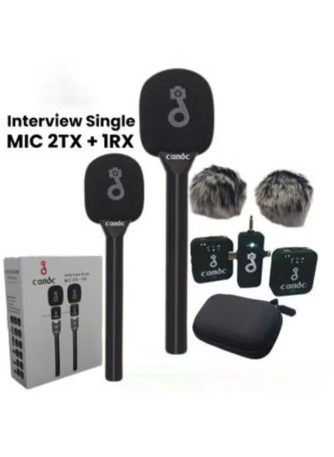 Interview 3-in-1 Dual Wireless Microphone System – Noise-Canceling Lavalier Mic Kit with 2 Transmitters & 1 Receiver | Clear Audio for Smartphones, Cameras, Tablets & Laptops | 8H Battery Life | Plug & Play Mic for Vlogging, YouTube, Podcasts & Interviews – Black