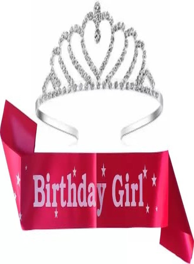 DECOFY Birthday Sash & Crown Set | Princess Queen Tiara Crowns Taj HairBand For Kids Girls & Womens (3 Pc Set- With Pin) - Image 1