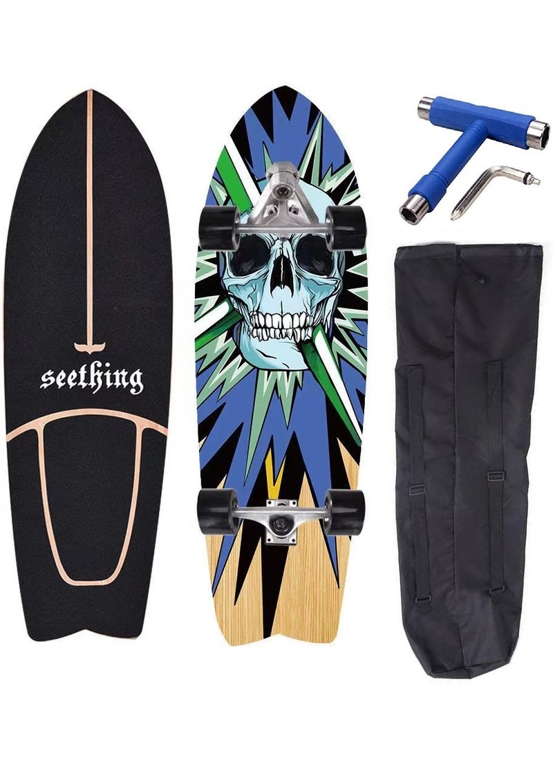 Seething 32 Inch CX7 Swallow Surf Skateboard With Backpack & Tool, Glowing Skull 