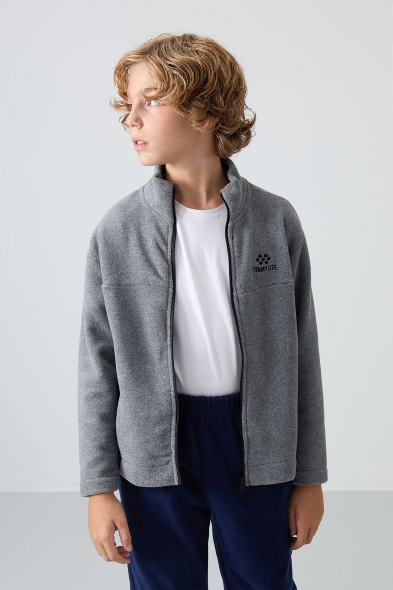 Tommy Life Gray Melange Thick Soft Texture Standard Fit Embroidered Polar Fleece Boy Sweatshirt - 11223  - Image 1