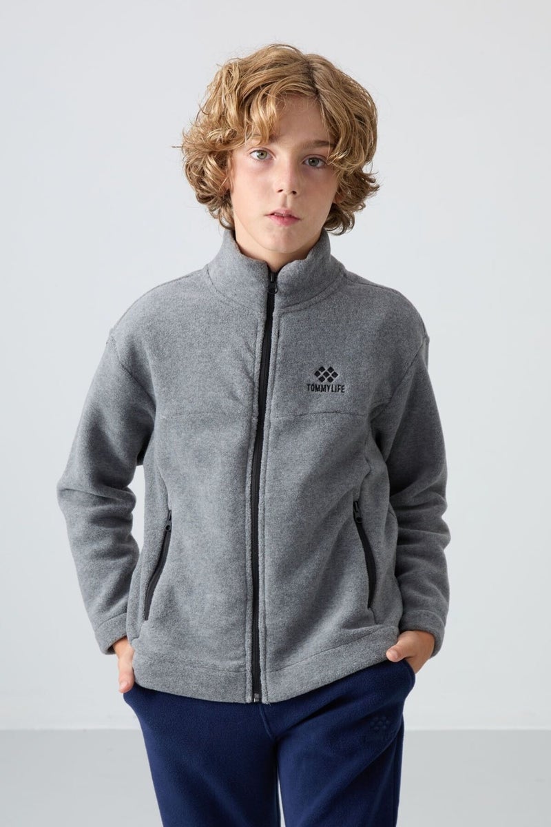 Tommy Life Gray Melange Thick Soft Texture Standard Fit Embroidered Polar Fleece Boy Sweatshirt - 11223  - Image 3