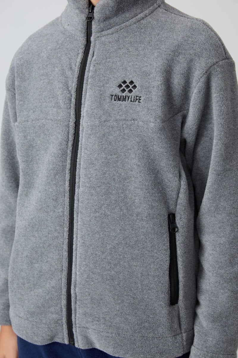 Tommy Life Gray Melange Thick Soft Texture Standard Fit Embroidered Polar Fleece Boy Sweatshirt - 11223  - Image 2