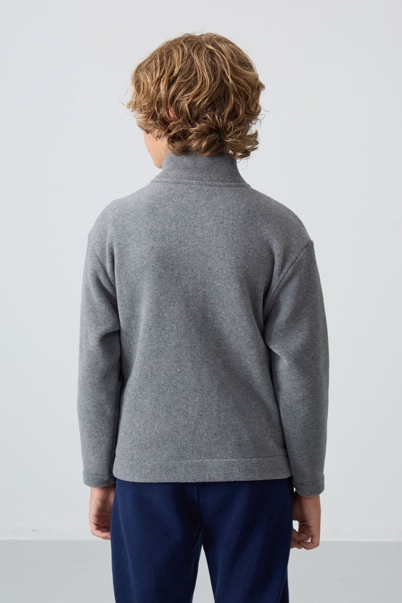 Tommy Life Gray Melange Thick Soft Texture Standard Fit Embroidered Polar Fleece Boy Sweatshirt - 11223  - Image 5