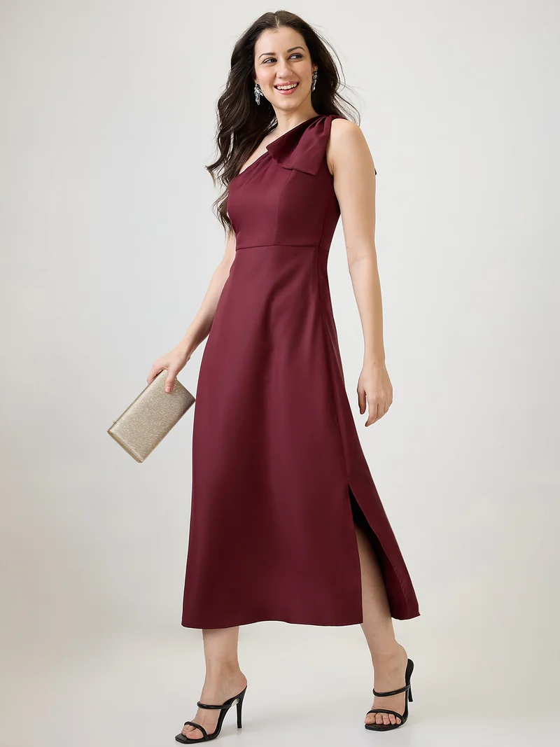 globus Globus Women Maroon One Shoulder Bow Detail Side Slit A-Line Maxi Party Dress