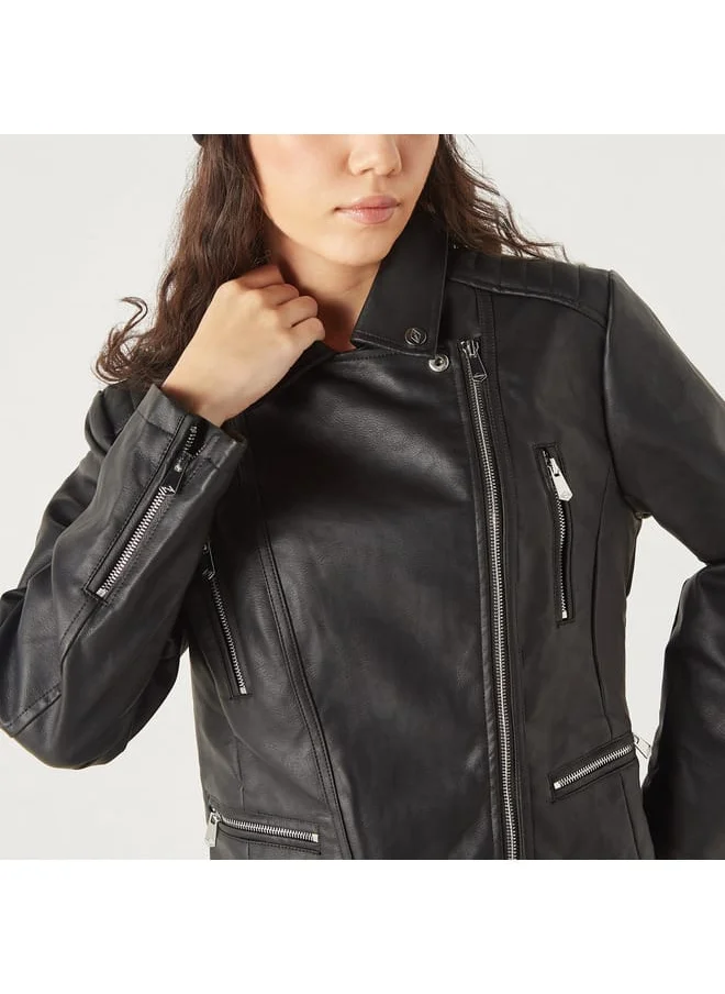 Lee Cooper Lee Cooper Solid Biker Jacket with Zip Closure and Pockets