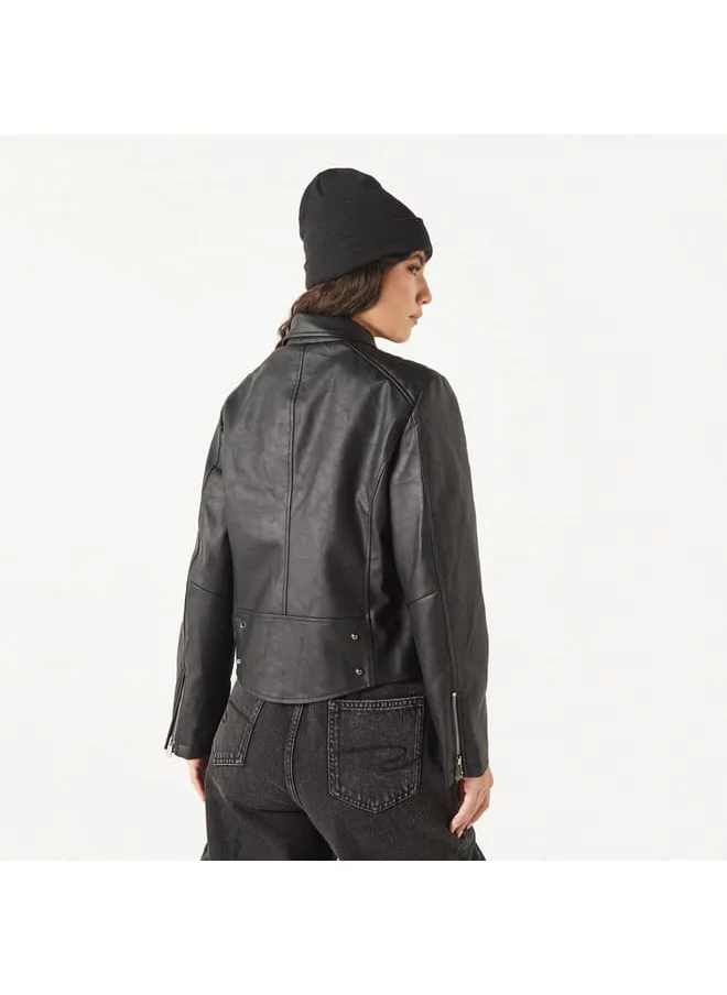Lee Cooper Lee Cooper Solid Biker Jacket with Zip Closure and Pockets
