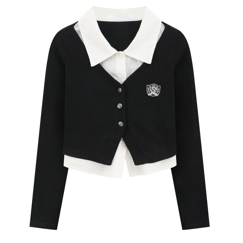 Design Sense Fake Two-piece Long-sleeved Polo Collar Sweater Womens Autumn Black Stitching Short Slim-fit Academy Style Top Black