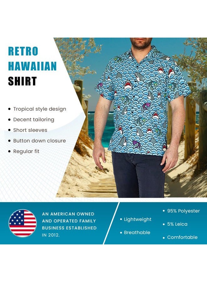 Funny Guy Mugs Men's Hawaiian Print Button Down Short Sleeve Shirts, Shark, XL - Image 4
