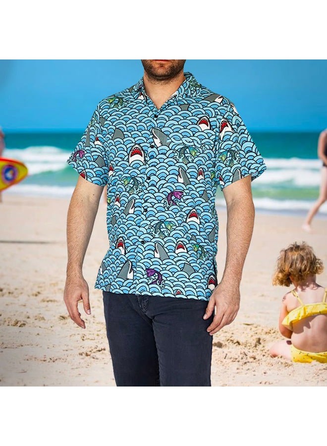 Funny Guy Mugs Men's Hawaiian Print Button Down Short Sleeve Shirts, Shark, XL - Image 3