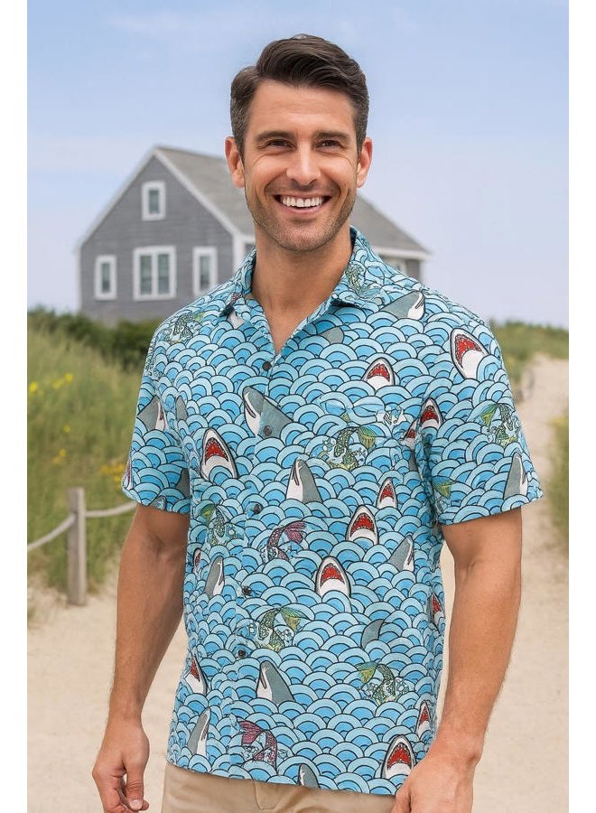 Funny Guy Mugs Men's Hawaiian Print Button Down Short Sleeve Shirts, Shark, XL - Image 2