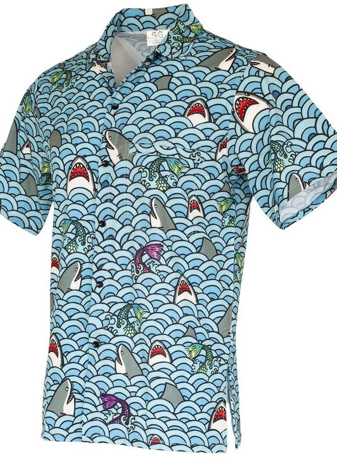 Funny Guy Mugs Men's Hawaiian Print Button Down Short Sleeve Shirts, Shark, XL - Image 1