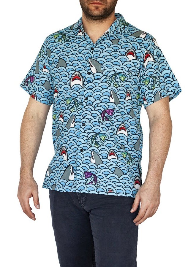 Funny Guy Mugs Men's Hawaiian Print Button Down Short Sleeve Shirts, Shark, XL - Image 5