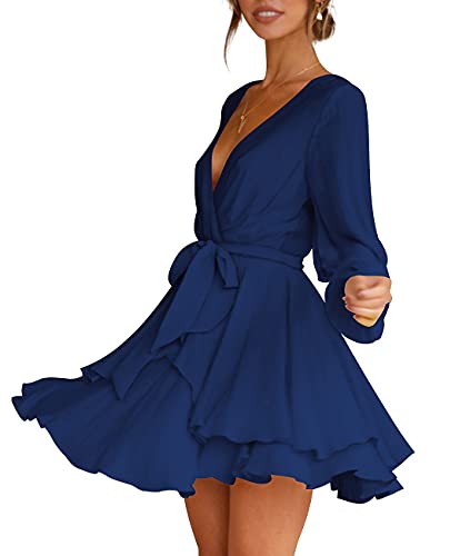 Cosonsen Womens Party Dress V-Neck Long Sleeve Asymmetrical Hem Skater Dress Navy Blue XS - Image 2