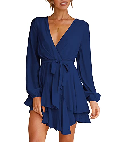 Cosonsen Womens Party Dress V-Neck Long Sleeve Asymmetrical Hem Skater Dress Navy Blue XS - Image 5