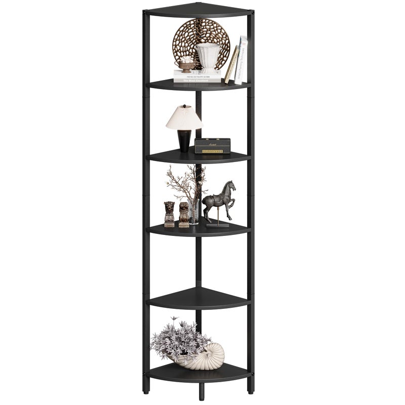 IRCPEN 6 Tier Corner Shelf 63.1" Tall Corner Shelves Stand Ladder Shelf Standing Bookshelf Organizer Display Rack Bookcase Plant Stand Industrial Rustic Style for Living Room Bedroom Black CS-001BW - Image 1