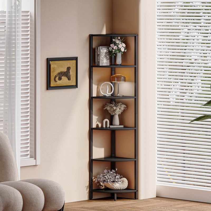 IRCPEN 6 Tier Corner Shelf 63.1" Tall Corner Shelves Stand Ladder Shelf Standing Bookshelf Organizer Display Rack Bookcase Plant Stand Industrial Rustic Style for Living Room Bedroom Black CS-001BW - Image 5
