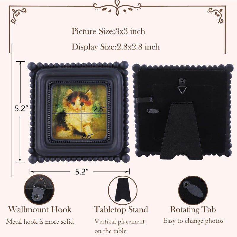 SIKOO Small Vintage Picture Frame 3x3 Black Antique Ornate Photo Frame Square with Bead for Tabletop and Wall Mount Display Vintage Gothic Wall Decor Art Gallery - Image 5