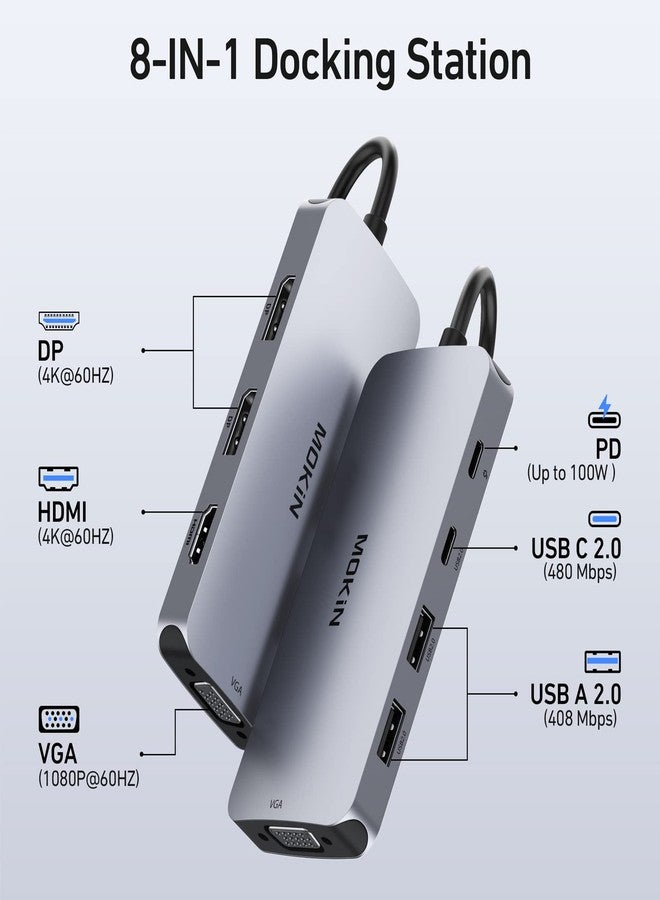 Mokin USB C Docking Station Dual DisplayPort, 8 in 1 USB Hub with 2 DP, HDMI, VGA, USB C 2.0, A 2.0, PD Charging Port, Multi Monitor Adapter for Dell/HP/Lenovo Laptops - Image 2