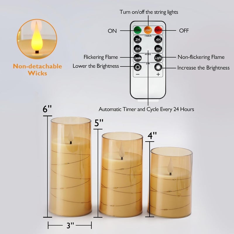 LTETTES 3 Set H456 x D3 LED String Light Inbuild Acrylic Fiber Glass Flameless Electric CandlesGold Color Battery Powered with Remote for Home Decor Birthday Gifting Wedding Festivals - Image 5