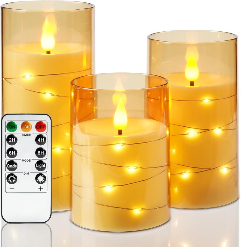 LTETTES 3 Set H456 x D3 LED String Light Inbuild Acrylic Fiber Glass Flameless Electric CandlesGold Color Battery Powered with Remote for Home Decor Birthday Gifting Wedding Festivals - Image 1