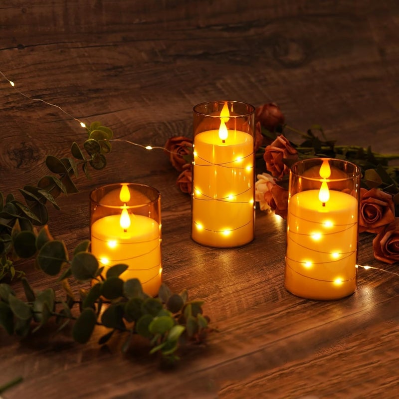LTETTES 3 Set H456 x D3 LED String Light Inbuild Acrylic Fiber Glass Flameless Electric CandlesGold Color Battery Powered with Remote for Home Decor Birthday Gifting Wedding Festivals - Image 3