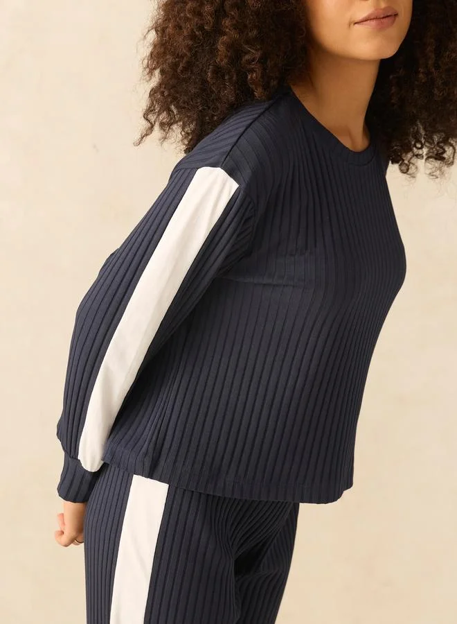 Outzidr  Navy Contrast Panel Rib Top and Straight Pants Co-Ords for Women | Best Price UAE
