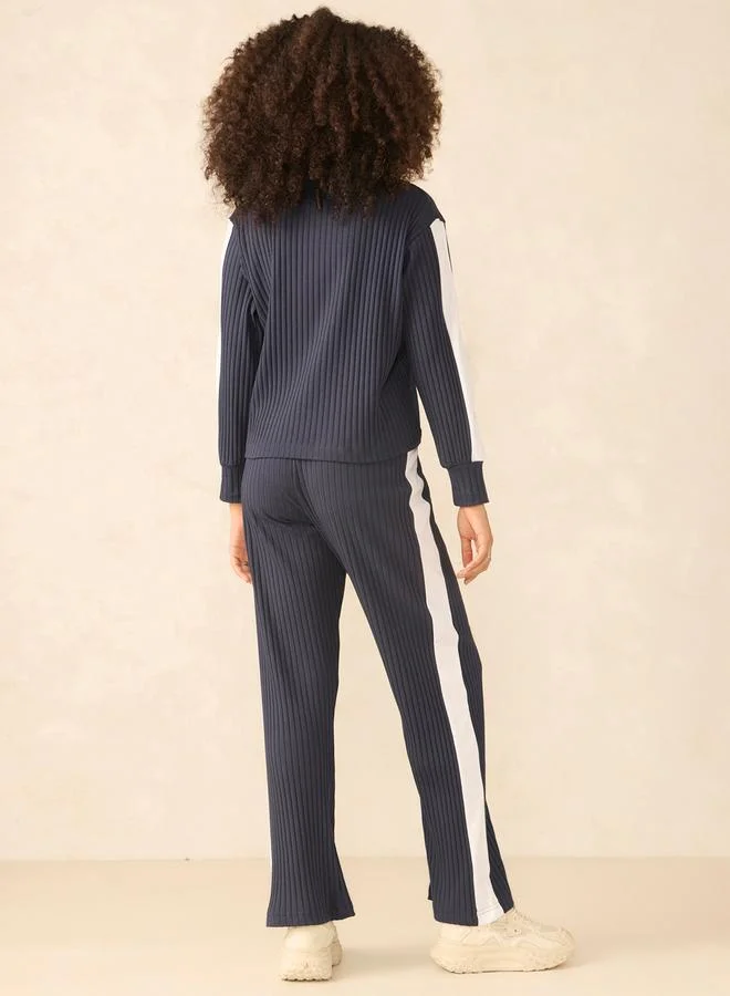 Outzidr  Navy Contrast Panel Rib Top and Straight Pants Co-Ords for Women | Best Price UAE