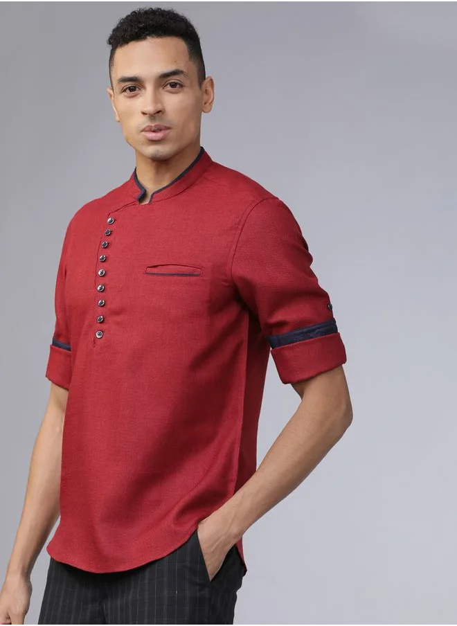 HIGHLANDER Mandarin Collar Slim Fit Shirt with Chest Placket by Styli