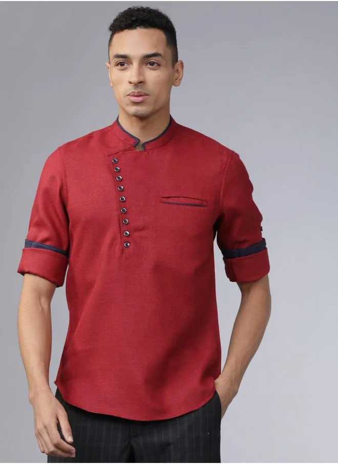 HIGHLANDER Mandarin Collar Slim Fit Shirt with Chest Placket by Styli