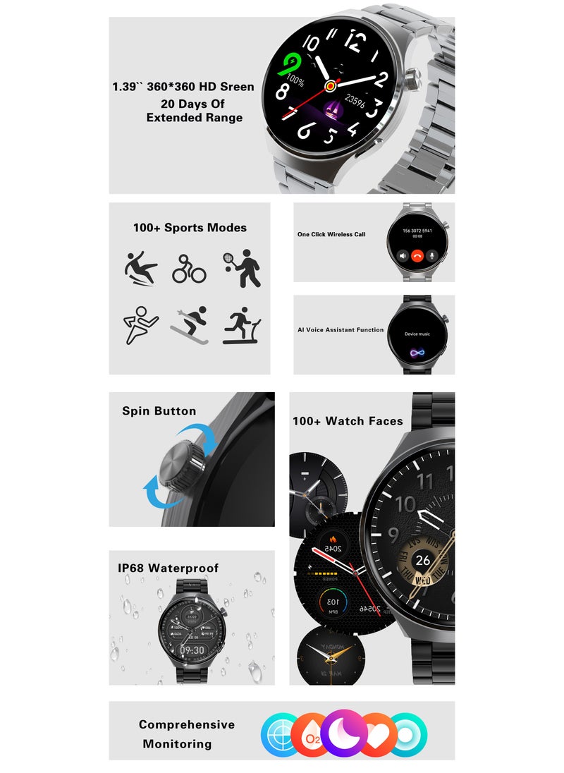V19 1.39" HD TFT Display Smartwatch IP68 Waterproof 15-Level Heart Rate Compatible with Android & iOS Bluetooth Calling 100+ Sports Modes Health Suite Custom Watch Faces Black