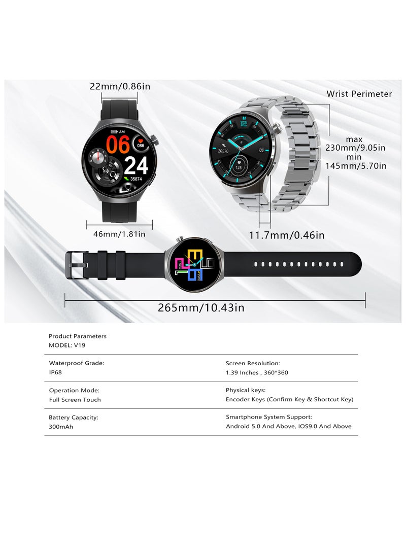 V19 1.39" HD TFT Display Smartwatch IP68 Waterproof 15-Level Heart Rate Compatible with Android & iOS Bluetooth Calling 100+ Sports Modes Health Suite Custom Watch Faces Black