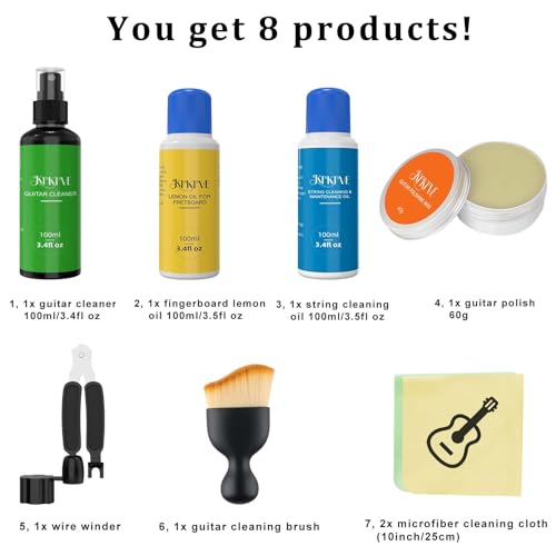 KTKTVE Guitar Cleaning Kit 8Pack Complete Care Set with Innovative Sponge Applicator Guitar Cleaner Lemon Oilfretboard oil Polish Wax String Cleaner Winder Brush Microfiber Cloth - Image 3