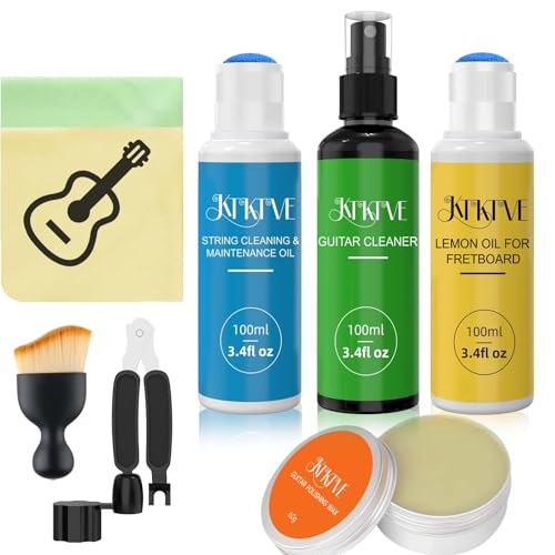 KTKTVE Guitar Cleaning Kit 8Pack Complete Care Set with Innovative Sponge Applicator Guitar Cleaner Lemon Oilfretboard oil Polish Wax String Cleaner Winder Brush Microfiber Cloth - Image 1