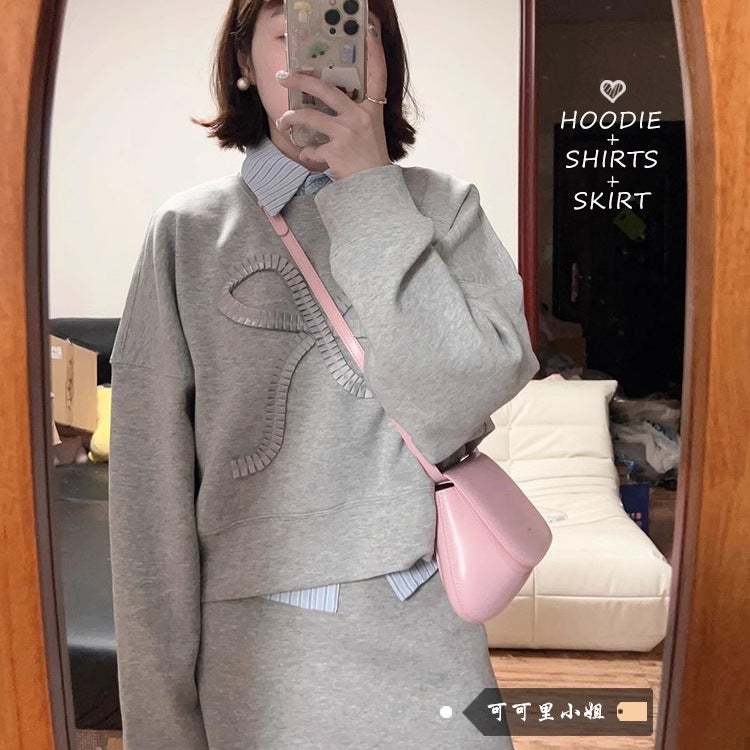 [three-piece set] bow slim sweater womens autumn 2024 new skirt a set of leisure sports set Suit - Image 1