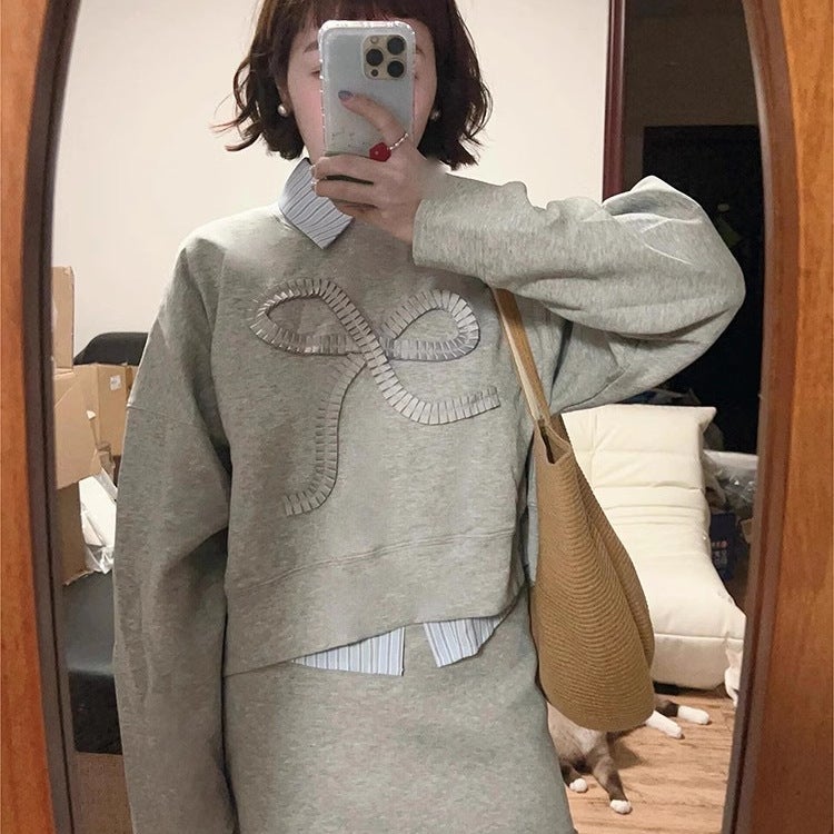 [three-piece set] bow slim sweater womens autumn 2024 new skirt a set of leisure sports set Suit - Image 4