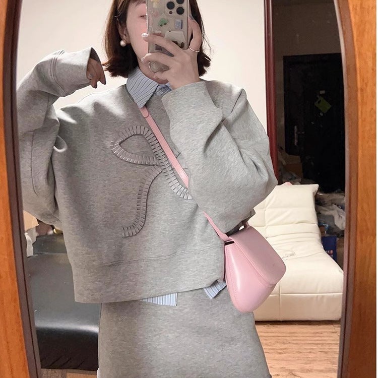 [three-piece set] bow slim sweater womens autumn 2024 new skirt a set of leisure sports set Suit - Image 3