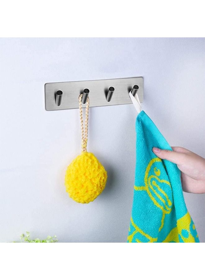 Drill-Free Stainless Steel Wall Mounted Bathroom Kitchen Hooks with Super Strong Adhesive Foam Pad on The Back,4 Heavy Duty Metal Hanger Included for Hanging Coats, Towels, Keys (4 Hooks)