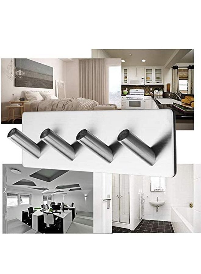 Drill-Free Stainless Steel Wall Mounted Bathroom Kitchen Hooks with Super Strong Adhesive Foam Pad on The Back,4 Heavy Duty Metal Hanger Included for Hanging Coats, Towels, Keys (4 Hooks)