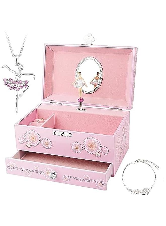 عربست صندوق موسيقي للأطفال البنات مع درج ومجموعة مجوهرات بموضوع الراقصة - لحن بحيرة البجع وردي. - Image 1
