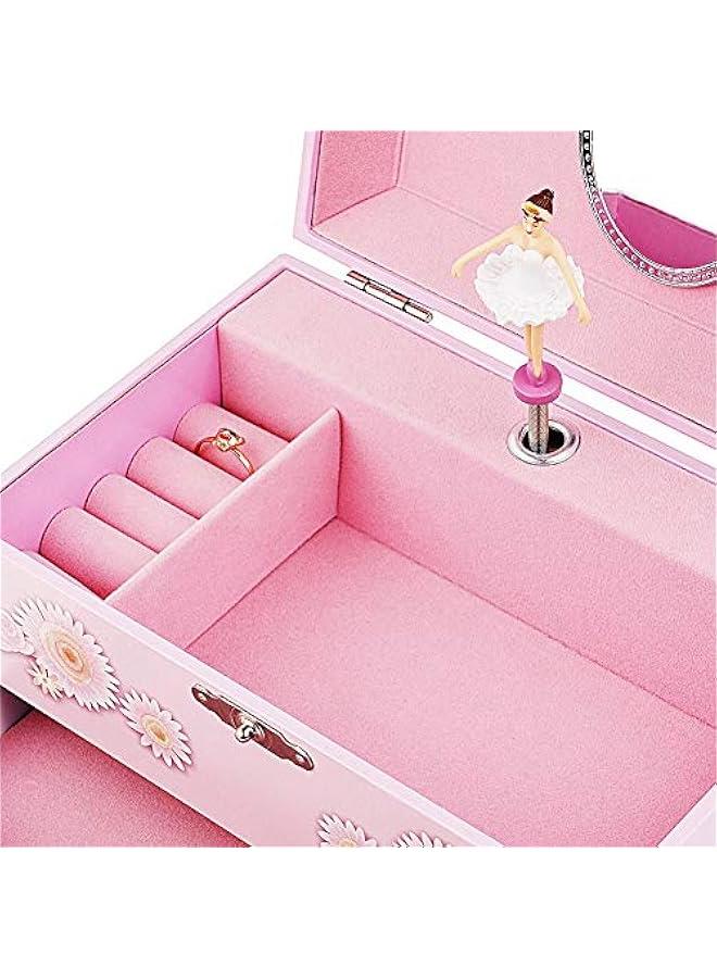 عربست صندوق موسيقي للأطفال البنات مع درج ومجموعة مجوهرات بموضوع الراقصة - لحن بحيرة البجع وردي. - Image 2