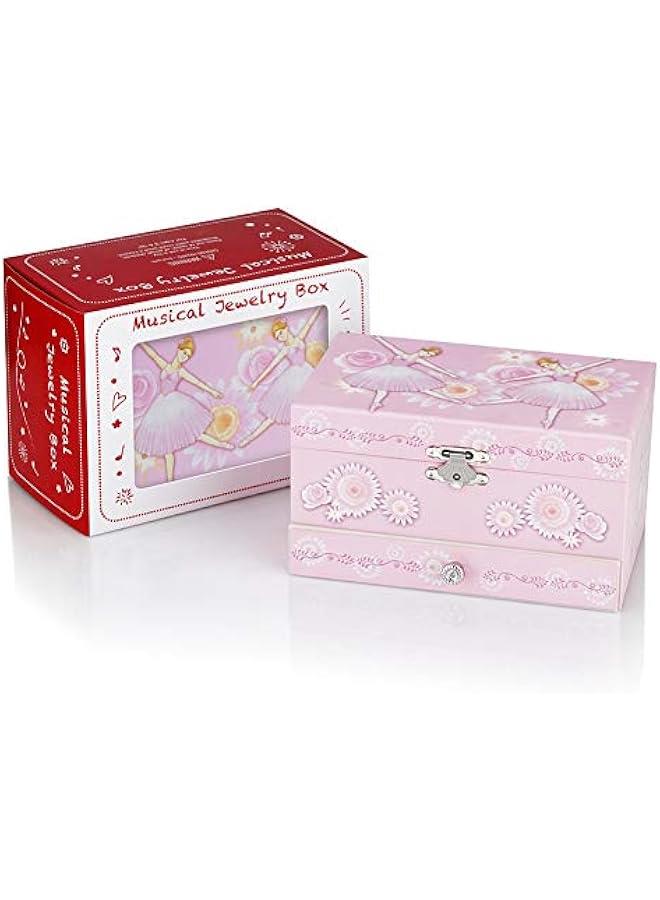 عربست صندوق موسيقي للأطفال البنات مع درج ومجموعة مجوهرات بموضوع الراقصة - لحن بحيرة البجع وردي. - Image 4