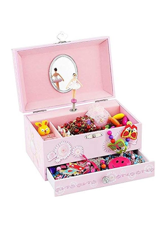 عربست صندوق موسيقي للأطفال البنات مع درج ومجموعة مجوهرات بموضوع الراقصة - لحن بحيرة البجع وردي. - Image 5